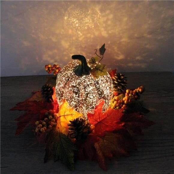 Lighted Pumpkin Fall Decor – LED Thanksgiving Decoration with Faux Maple - Picture 2 of 8